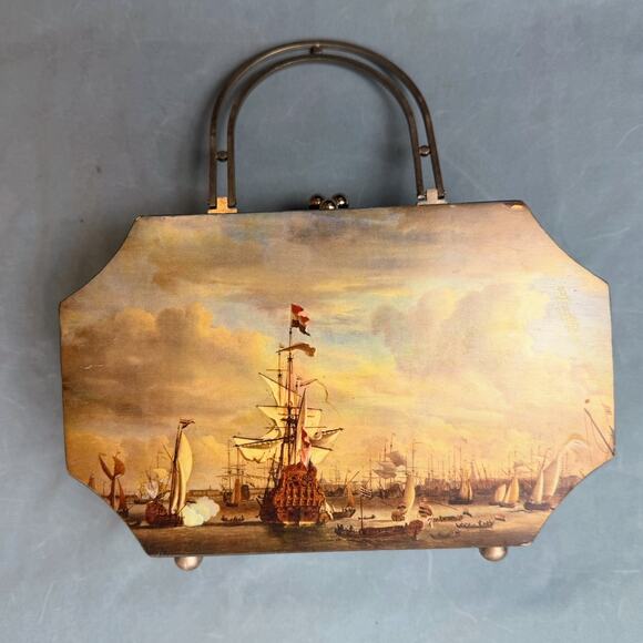 Mid Century Nautical Wooden Purse Box w Metal Handle Vintage Sailing Ships Decor - Picture 2 of 9